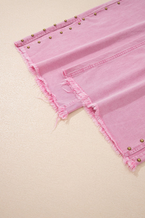 Solid Beaded Side Split Wide Leg Jeans