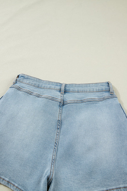 Solid Bow Detail Pocket Stretch Denim Shorts
