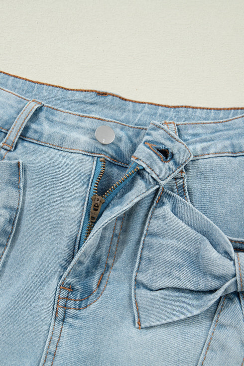 Solid Bow Detail Pocket Stretch Denim Shorts