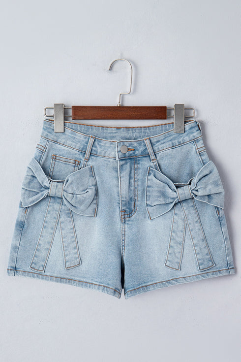 Solid Bow Detail Pocket Stretch Denim Shorts