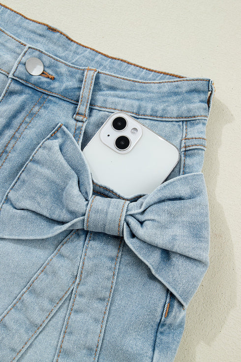 Solid Bow Detail Pocket Stretch Denim Shorts