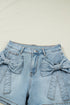 Solid Bow Detail Pocket Stretch Denim Shorts