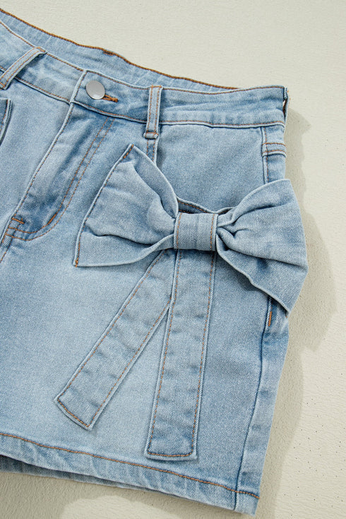 Solid Bow Detail Pocket Stretch Denim Shorts