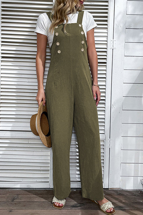 Solid Button Front Relaxed Wide Leg Jumpsuit