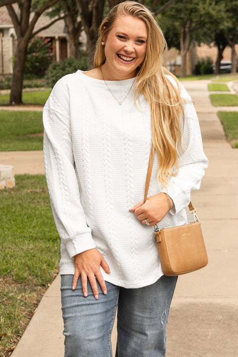 Solid Cable Textured Loose Fit Pullover Sweatshirt