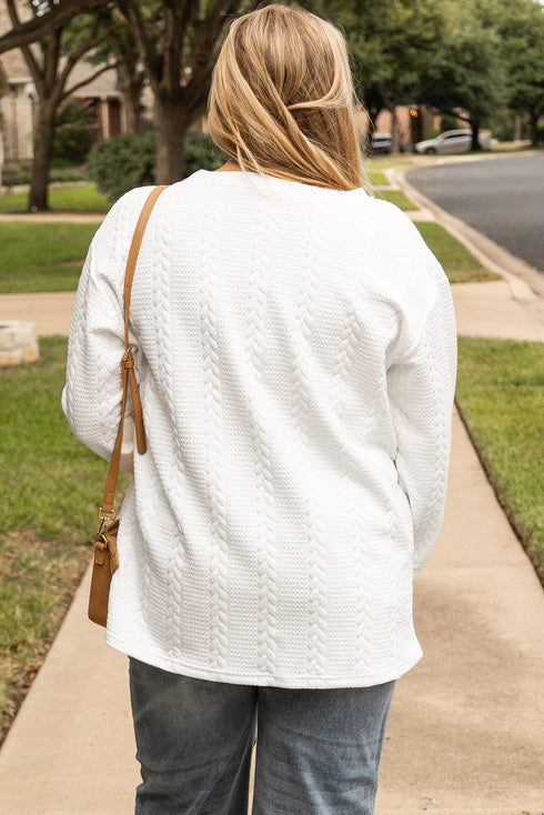 Solid Cable Textured Loose Fit Pullover Sweatshirt