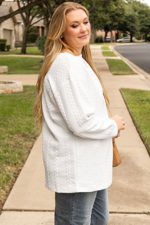 Solid Cable Textured Loose Fit Pullover Sweatshirt