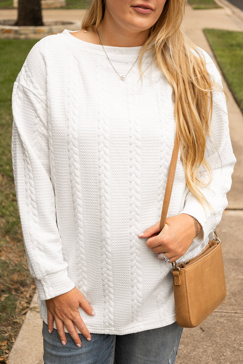 Solid Cable Textured Loose Fit Pullover Sweatshirt