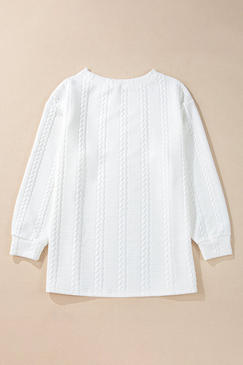 Solid Cable Textured Loose Fit Pullover Sweatshirt