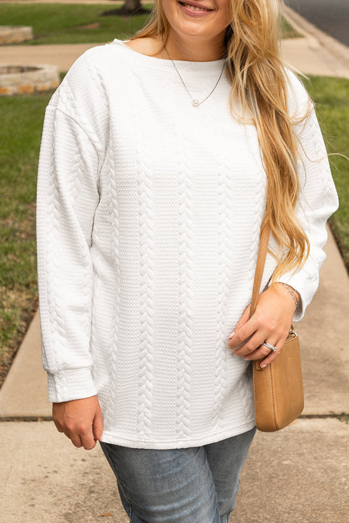 Solid Cable Textured Loose Fit Pullover Sweatshirt