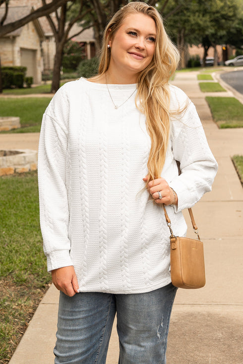Solid Cable Textured Loose Fit Pullover Sweatshirt