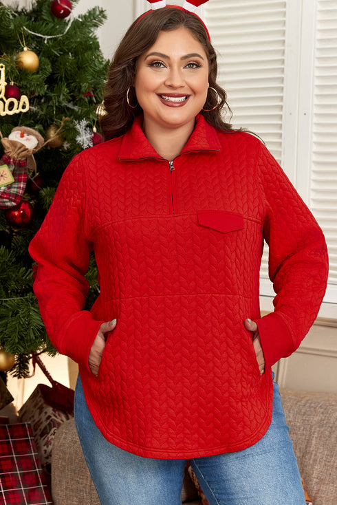 Solid Cable Textured Quarter Zip Pocketed Pullover Sweatshirt
