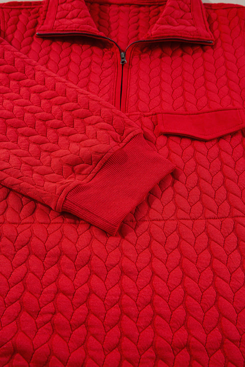 Solid Cable Textured Quarter Zip Pocketed Pullover Sweatshirt