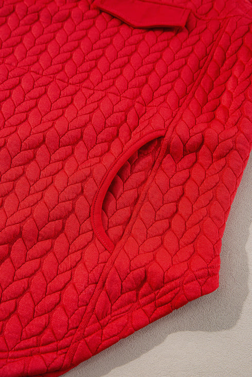 Solid Cable Textured Quarter Zip Pocketed Pullover Sweatshirt