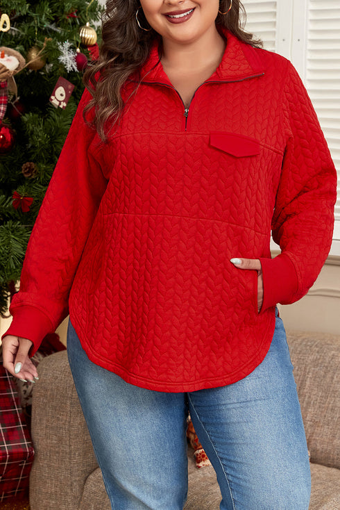 Solid Cable Textured Quarter Zip Pocketed Pullover Sweatshirt