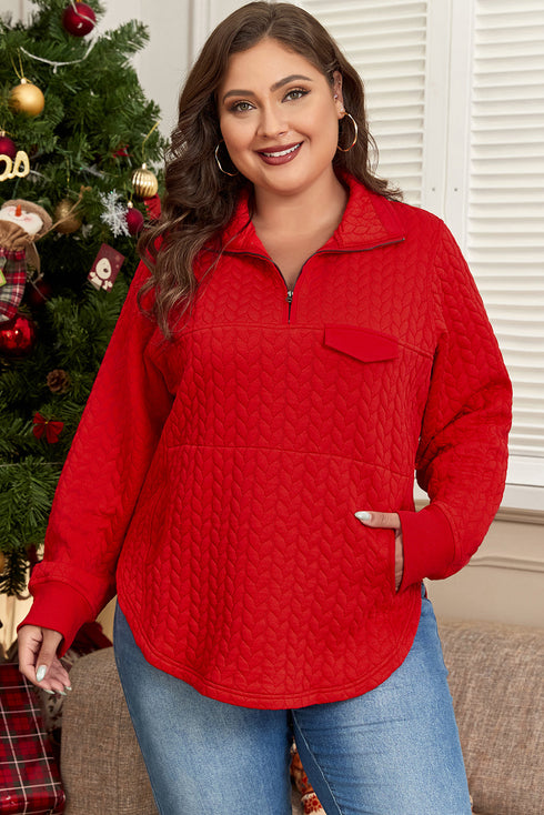 Solid Cable Textured Quarter Zip Pocketed Pullover Sweatshirt