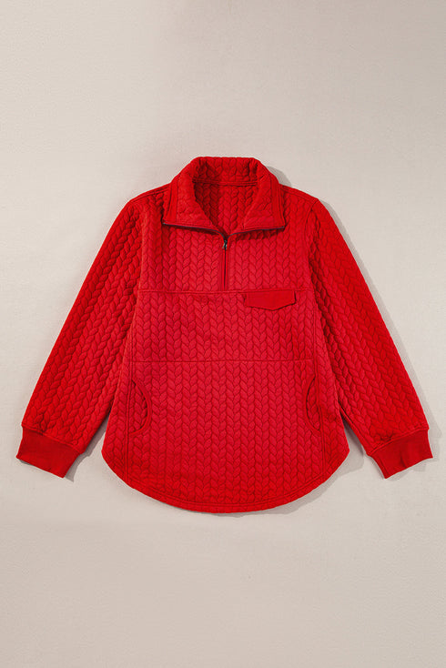 Solid Cable Textured Quarter Zip Pocketed Pullover Sweatshirt