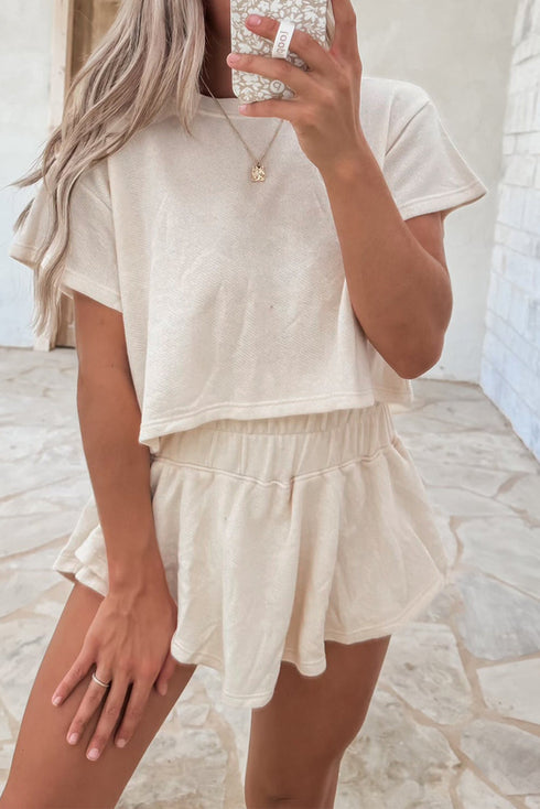 Solid Casual Cropped Tee And Ruffle Short Sets