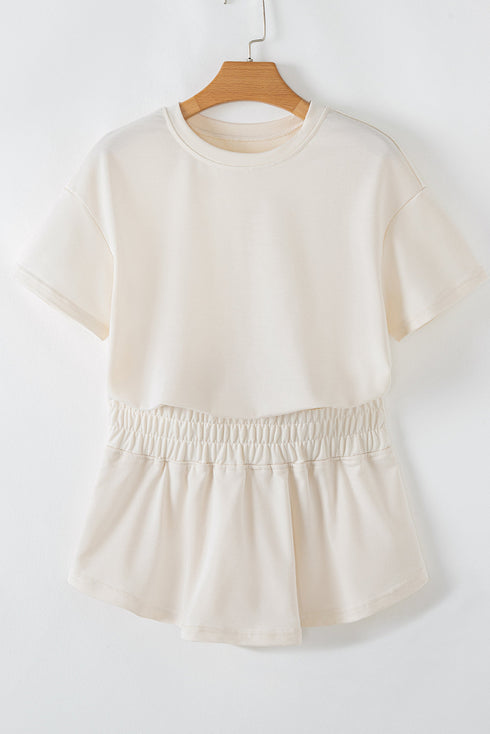 Solid Casual Cropped Tee And Ruffle Short Sets