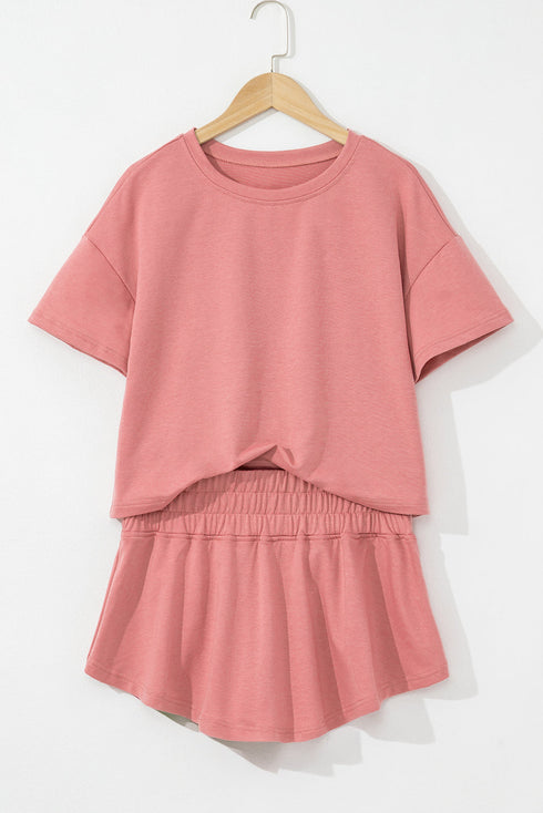 Solid Casual Cropped Tee And Ruffle Short Sets
