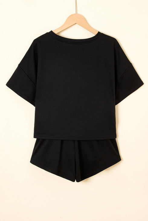 Solid Casual Cropped Tee And Ruffle Short Sets