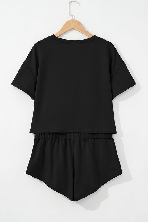 Solid Casual Cropped Tee And Ruffle Short Sets