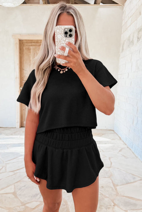 Solid Casual Cropped Tee And Ruffle Short Sets
