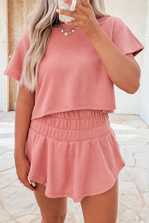 Solid Casual Cropped Tee And Ruffle Short Sets