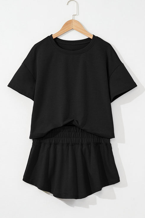 Solid Casual Cropped Tee And Ruffle Short Sets