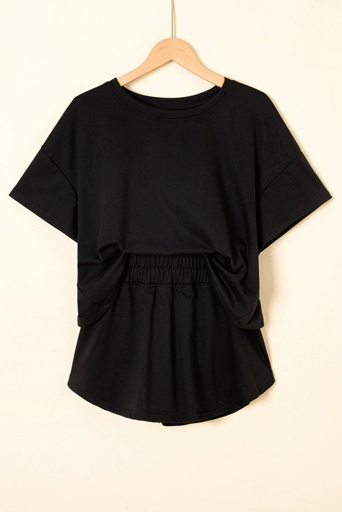 Solid Casual Cropped Tee And Ruffle Short Sets