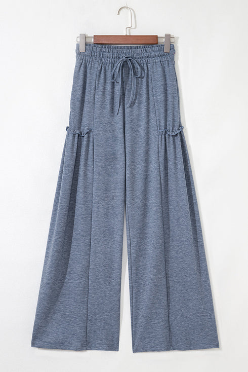 Solid Casual Frilled Drawstring Elastic Waist Wide Leg Pants