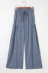 Solid Casual Frilled Drawstring Elastic Waist Wide Leg Pants