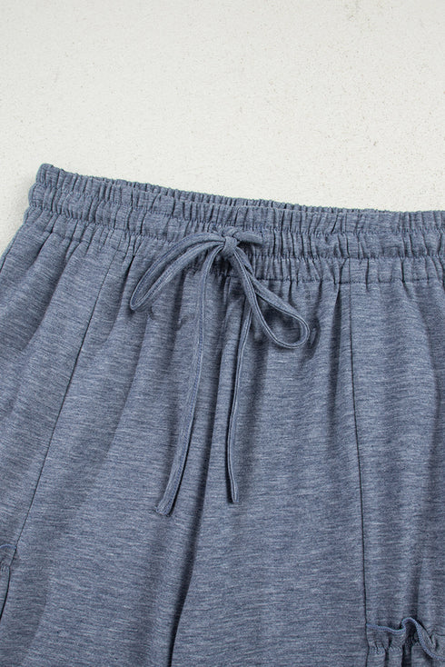 Solid Casual Frilled Drawstring Elastic Waist Wide Leg Pants