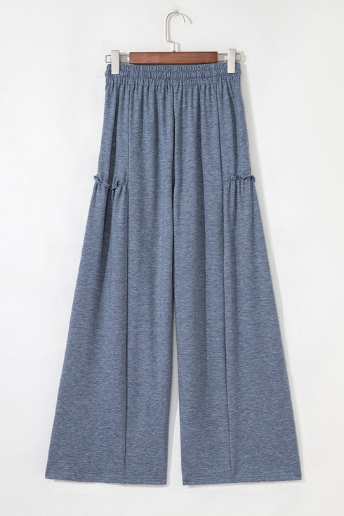 Solid Casual Frilled Drawstring Elastic Waist Wide Leg Pants