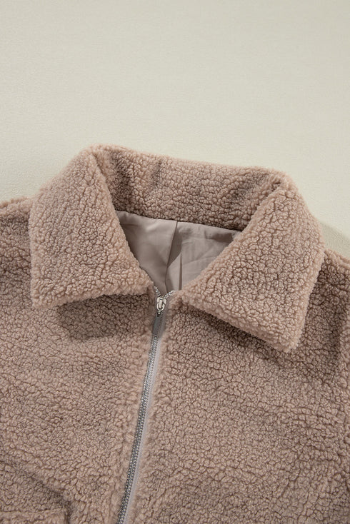 Solid Casual Fuzzy Fleece Zip Front Jacket