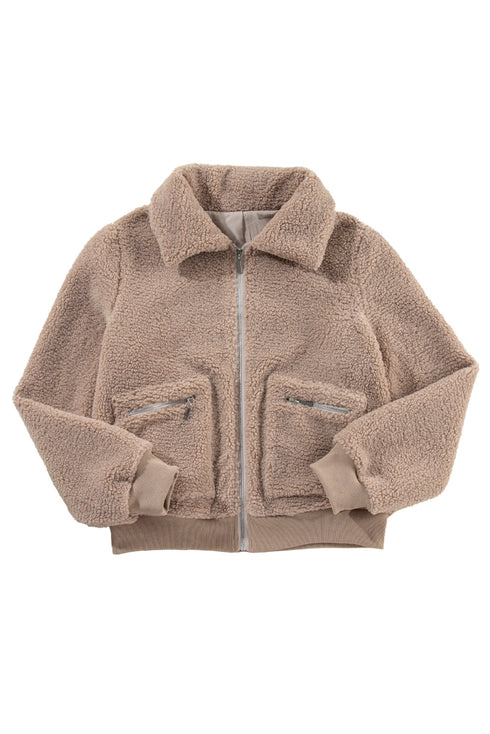 Solid Casual Fuzzy Fleece Zip Front Jacket