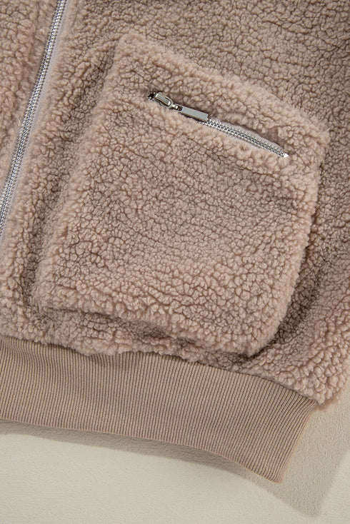 Solid Casual Fuzzy Fleece Zip Front Jacket