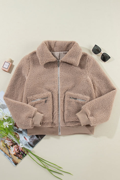 Solid Casual Fuzzy Fleece Zip Front Jacket