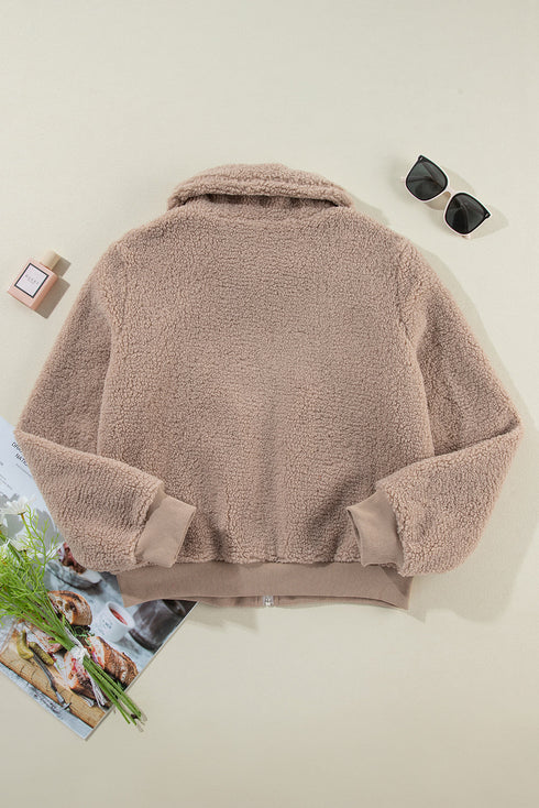 Solid Casual Fuzzy Fleece Zip Front Jacket