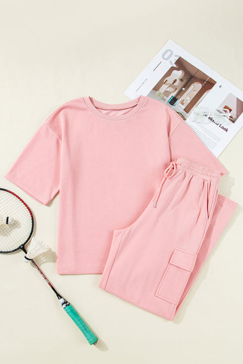 Solid Casual Half Sleeve Cargo Wide Leg Pant Set