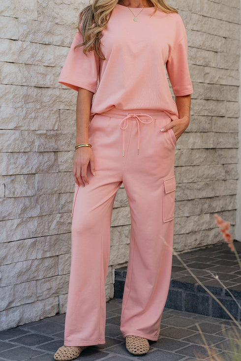 Solid Casual Half Sleeve Cargo Wide Leg Pant Set