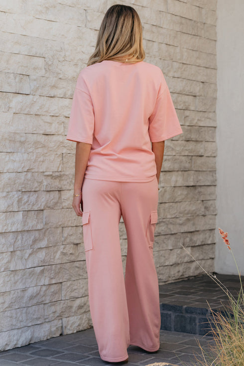 Solid Casual Half Sleeve Cargo Wide Leg Pant Set