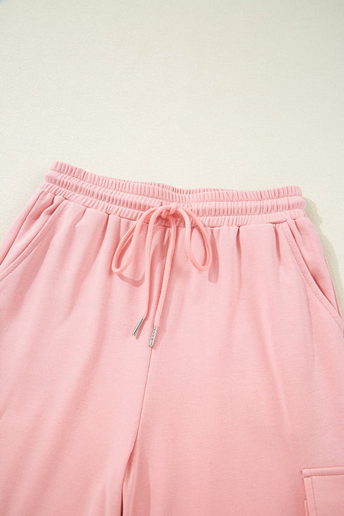 Solid Casual Half Sleeve Cargo Wide Leg Pant Set