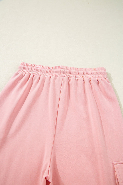 Solid Casual Half Sleeve Cargo Wide Leg Pant Set