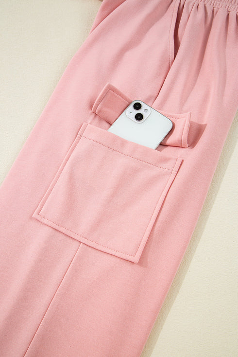 Solid Casual Half Sleeve Cargo Wide Leg Pant Set