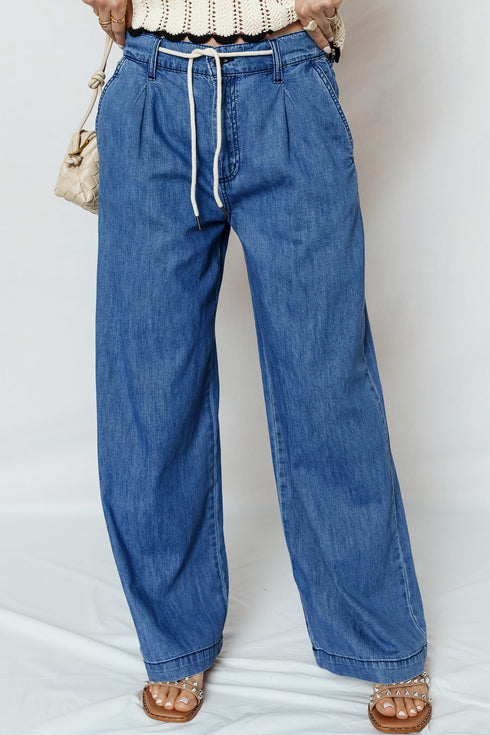 Solid Casual Lace Up Pull On Wide Leg Jeans