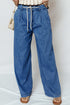 Solid Casual Lace Up Pull On Wide Leg Jeans