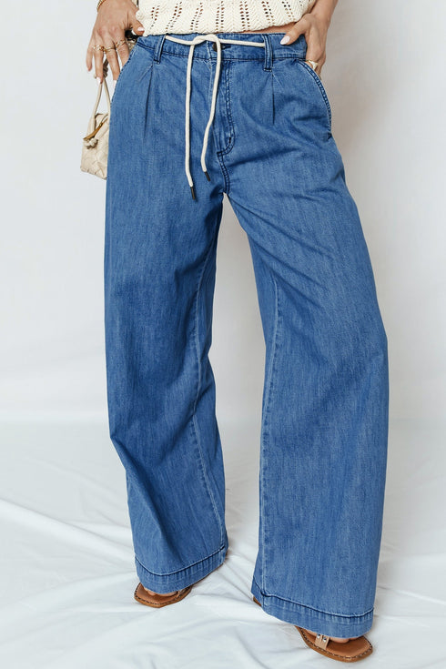 Solid Casual Lace Up Pull On Wide Leg Jeans