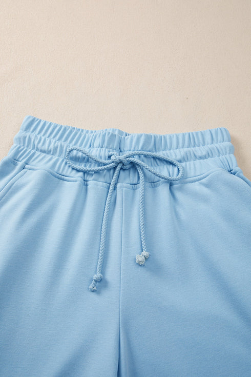 Solid Casual Loose Tee Wide Leg Drawstring Pant Set