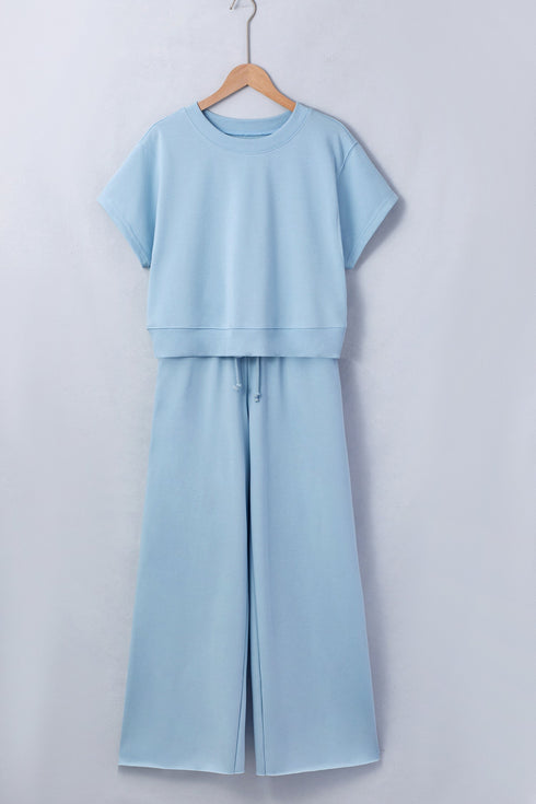 Solid Casual Loose Tee Wide Leg Drawstring Pant Set